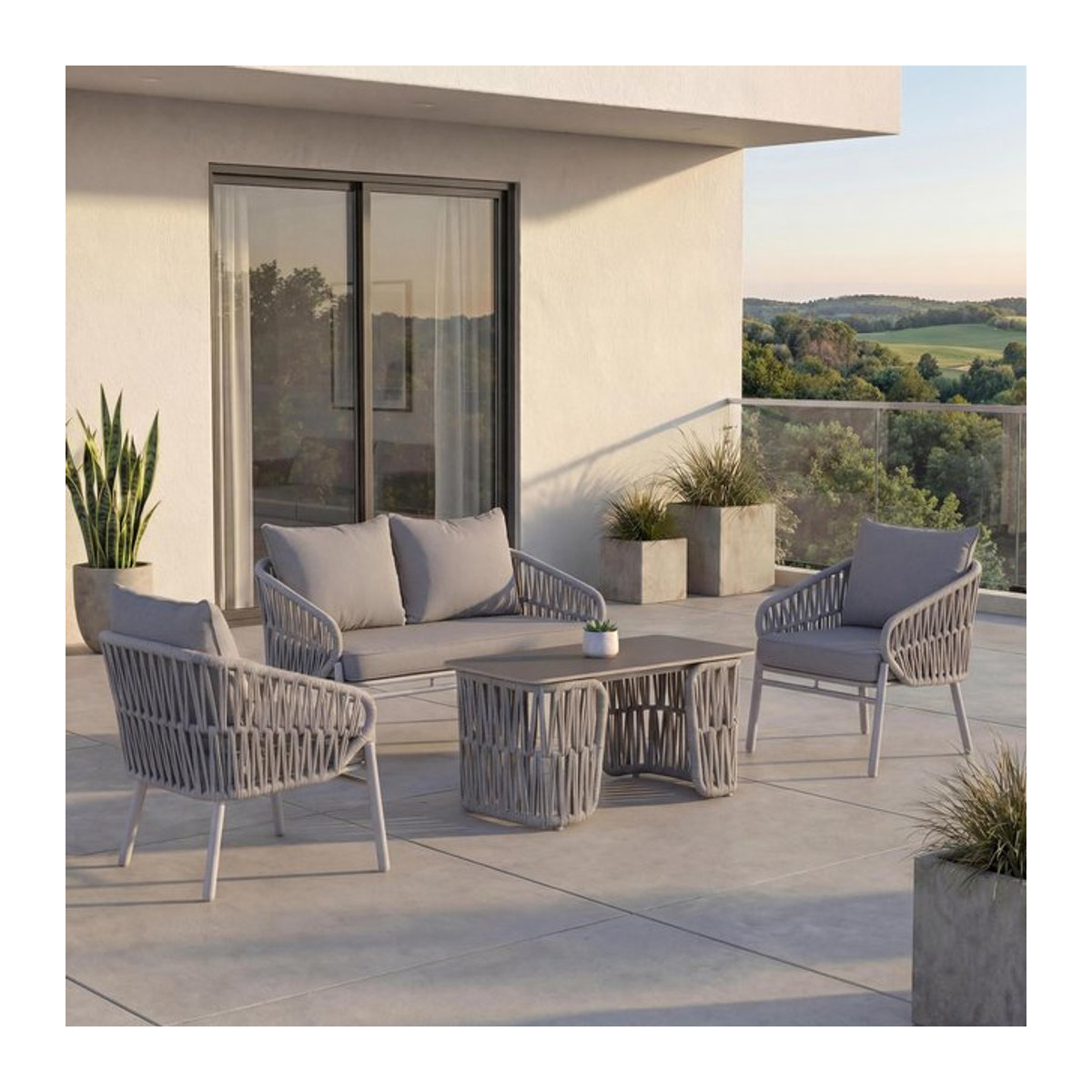 Gartengarnitur MCW-P90 Lounge-Set mit Sofa, Sesseln und Tisch aus Seilgeflecht in Hellgrau - Bild 1
