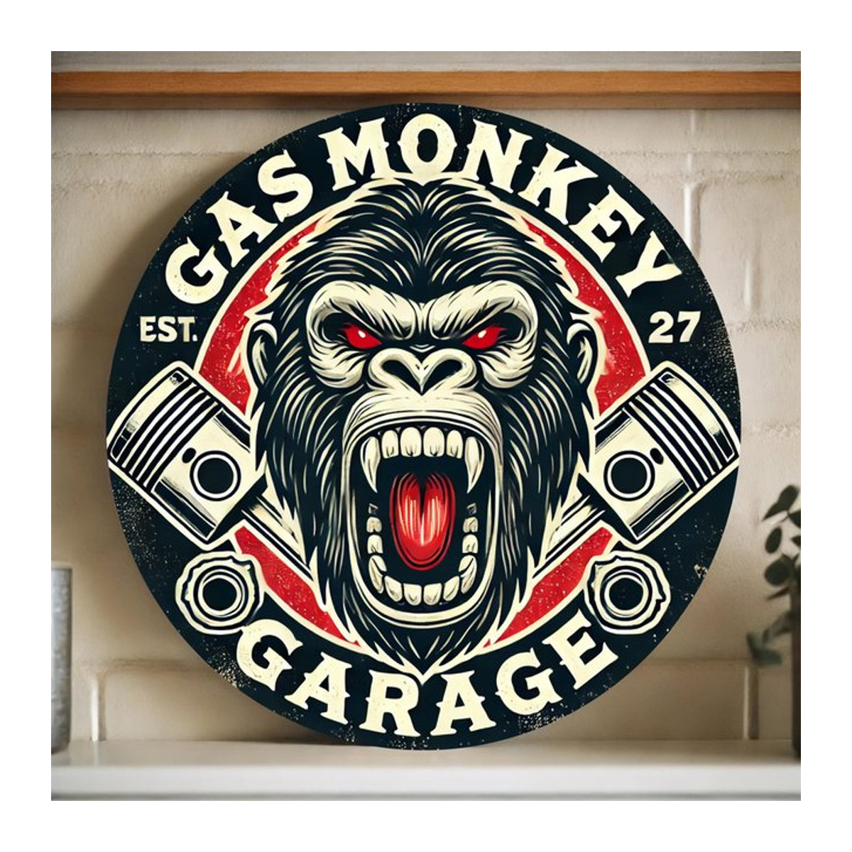 Gas Monkey Garage Vintage Metall-Wandschild rund, Durchmesser: 20 cm, rot und schwarz - Bild 1