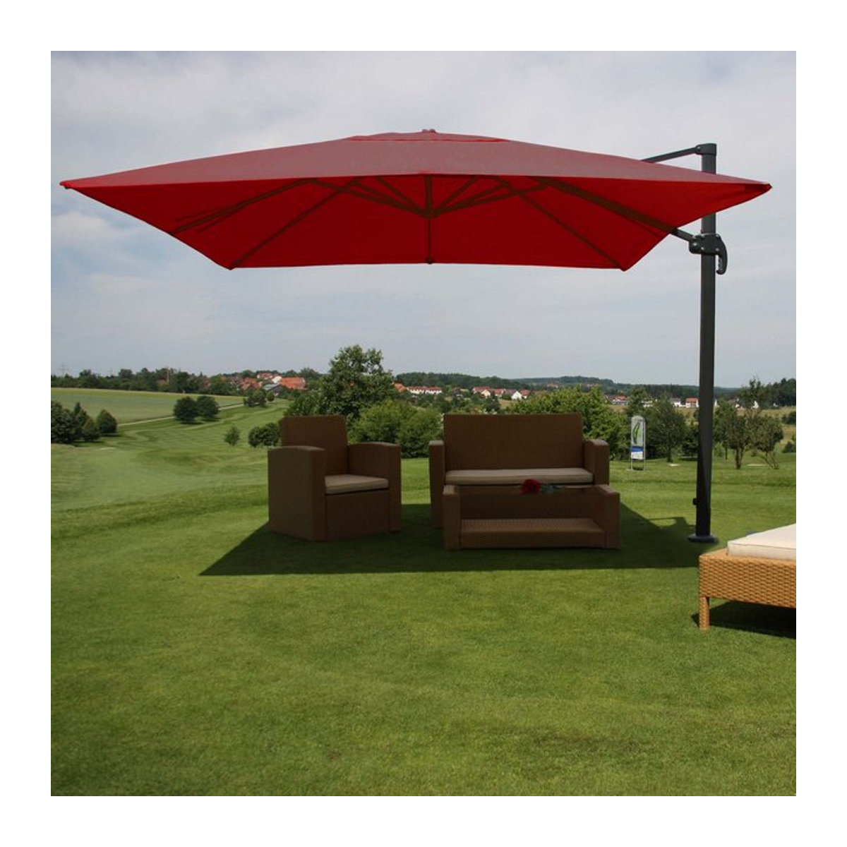 Gastronomie-Ampelschirm MCW-A96 in Bordeaux mit Aluminiumgestell und Polyesterbespannung, B/T/H: 3 x 4 x 5 m - Bild 1