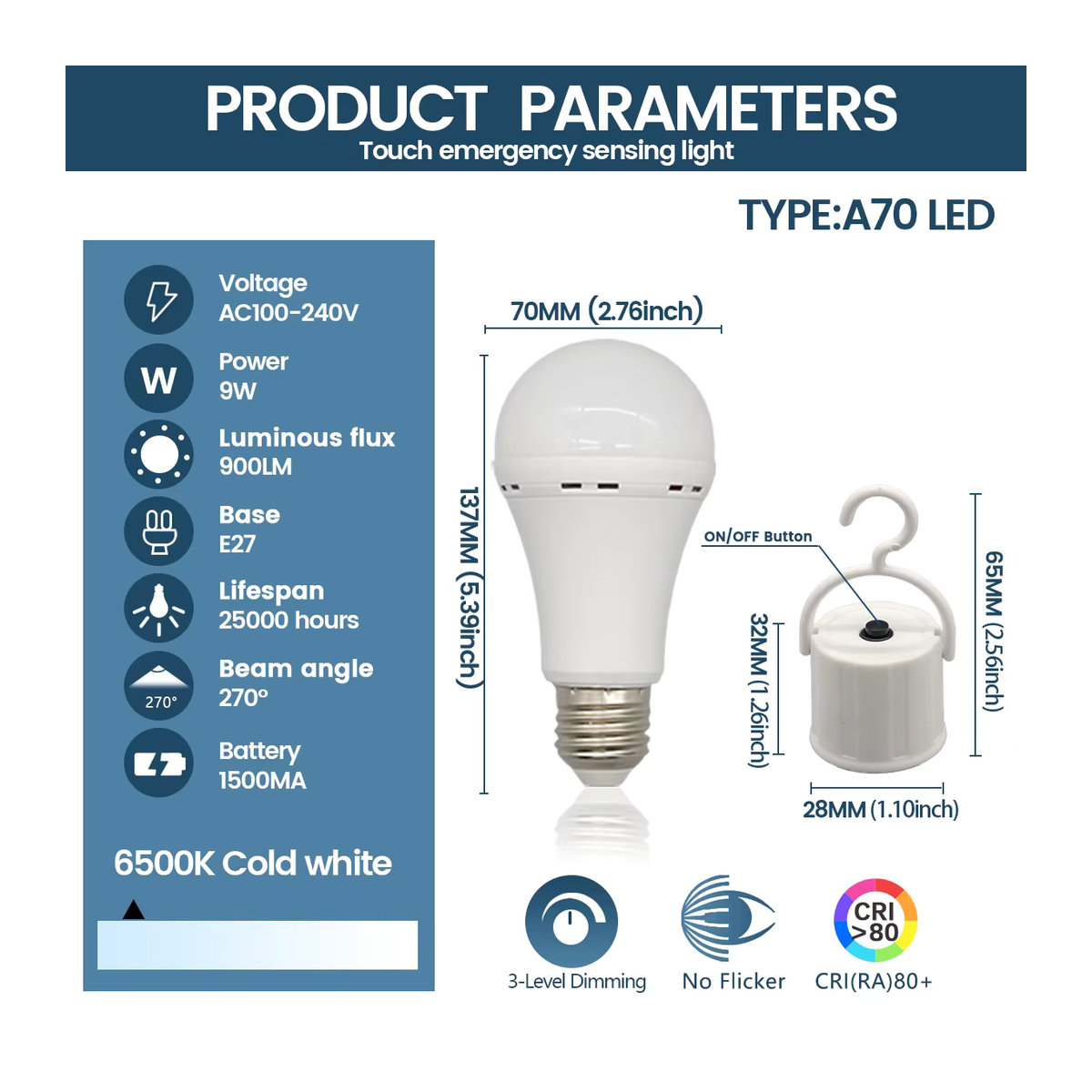 Gatetop E27 LED Notfalllampe 9W wiederaufladbar mit 1500mAh Akku - Bild 2