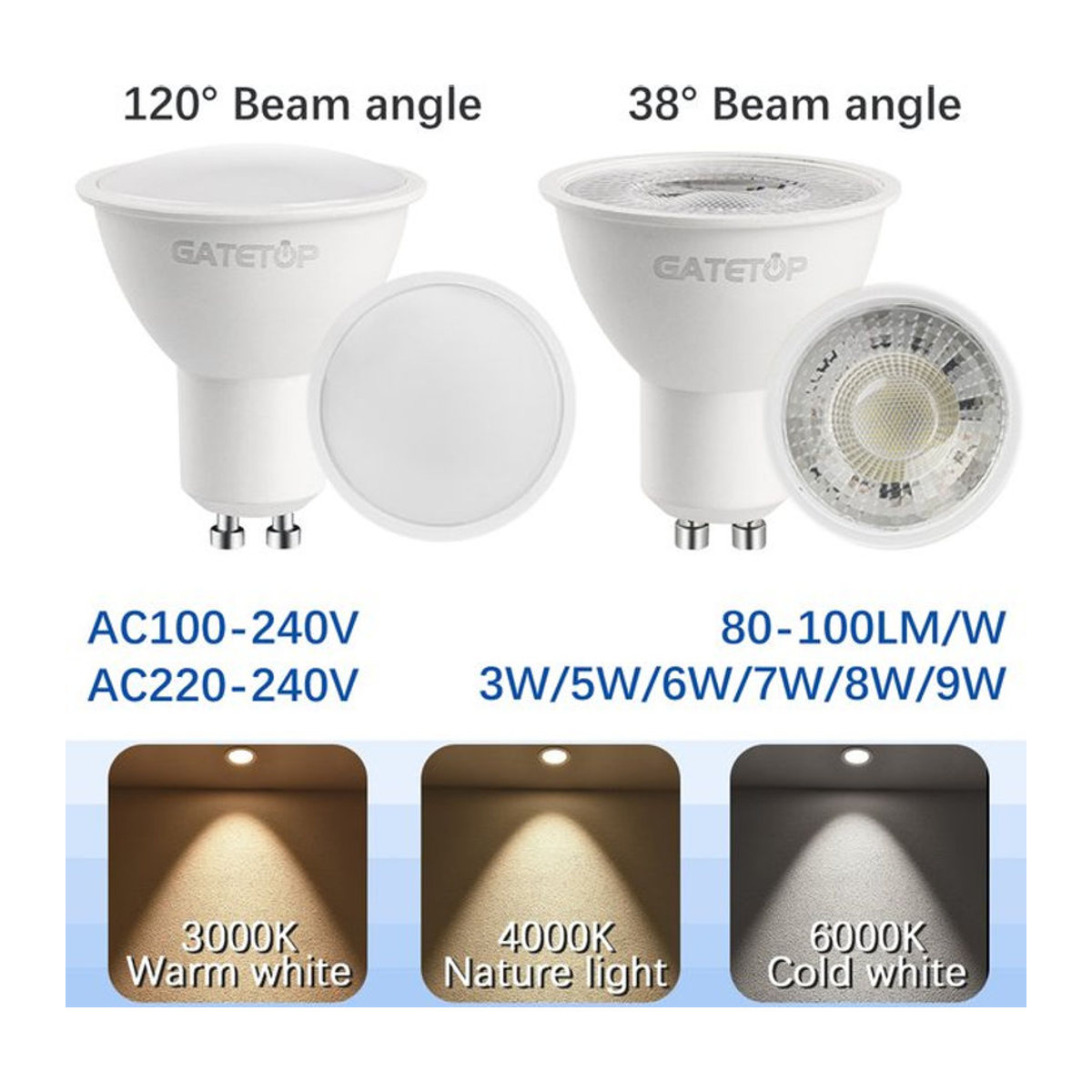Gatetop GU10 LED Spotlights 10er Set, 8W/9W Ersatz für 50W Halogenlampen, flimmerfrei, AC 220V-120V - Bild 1