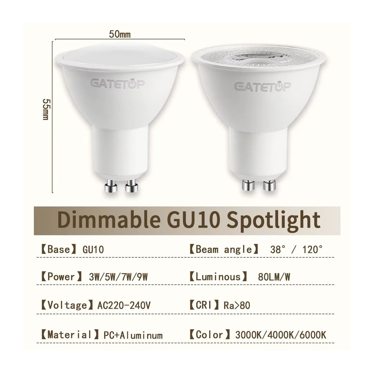 Gatetop LED Energy Spot GU10 Glühbirne, dimmbar, 50 W, Kaltweiß/Tageslicht - Bild 2