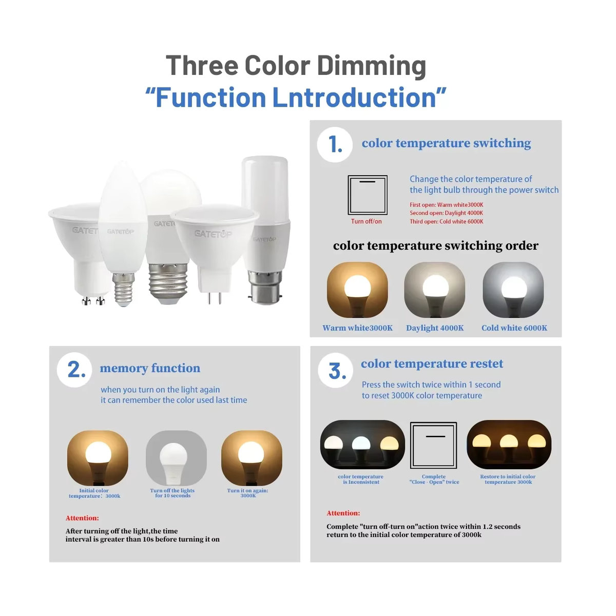 Gatetop LED Lampe GU10 MR16 Tricolor dimmbar mit Speicherfunktion 3000K 4000K 6000K 8er Set - Bild 2