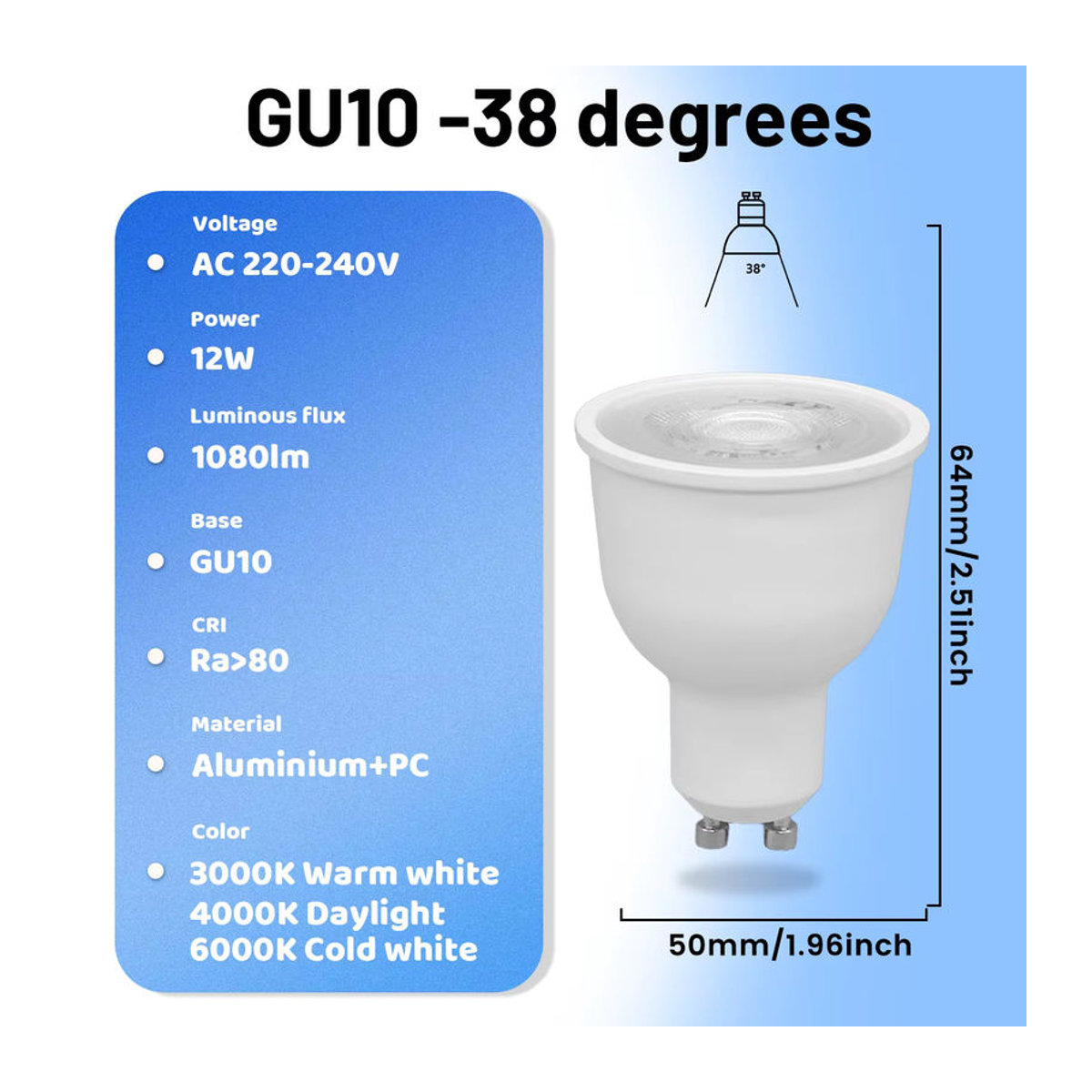 Gatetop LED Strahler GU10 12W 1080LM aus Aluminium für Home Dekoration - Bild 2