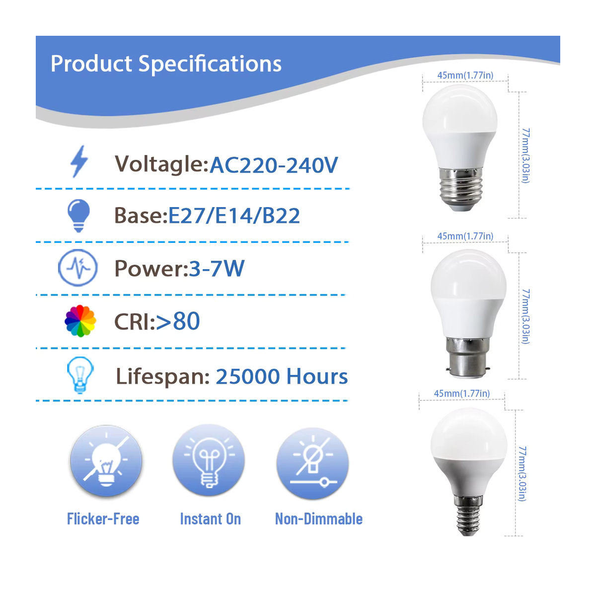 Gatetop Mini G45 LED-Glühbirne für E14 E27 B22, flimmerfrei und energiesparend, wählbare Farbtemperaturen 3000K 4000K 6000K - Bild 2