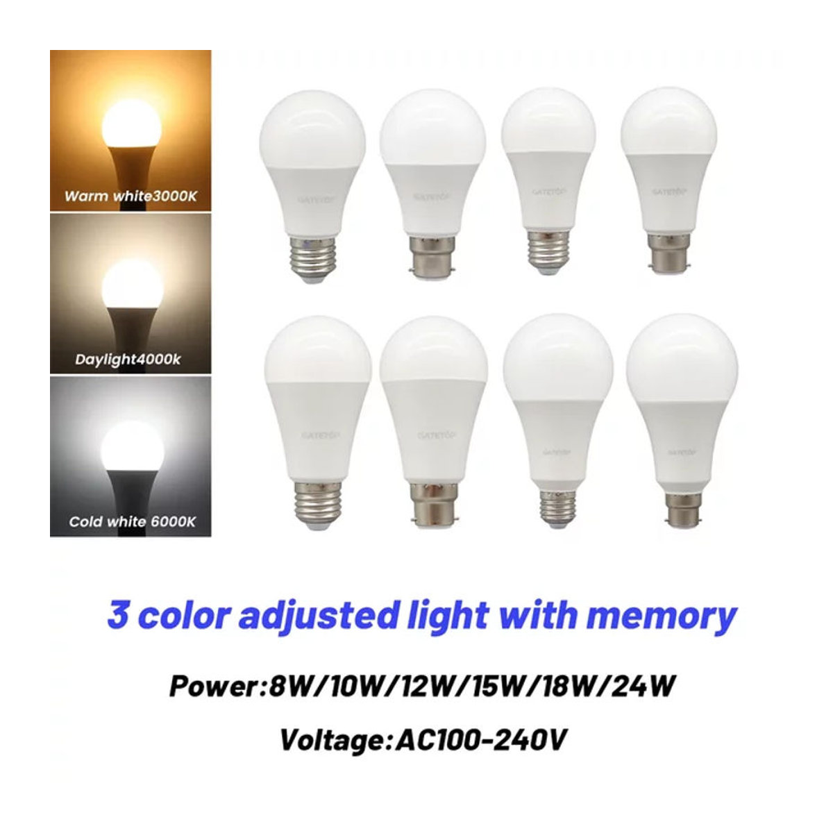 Gatetop Smart-Lampe E27 Set mit 3 Stück, 24W, CCT 3-Farbtemperatur mit Speicherfunktion, Weiß - Bild 1