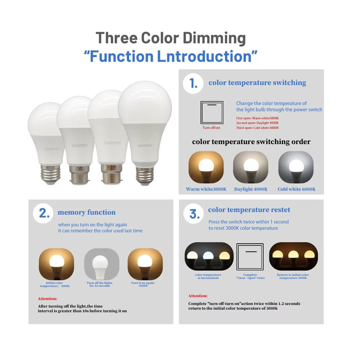 Gatetop Smart-Lampe E27 Set mit 3 Stück, 24W, CCT 3-Farbtemperatur mit Speicherfunktion, Weiß - Bild 3