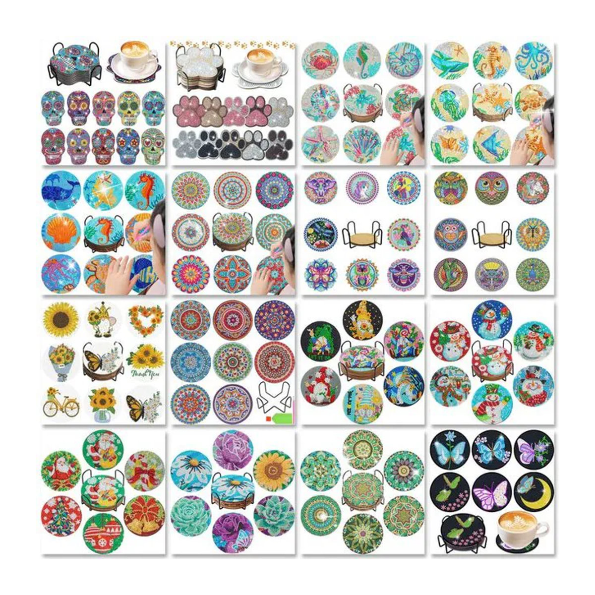 Gatyztory 6er Set DIY Diamantenmalerei Untersetzer mit Gestell, Rund, Mehrfarbig, Florale Mosaik-Designs - Bild 1