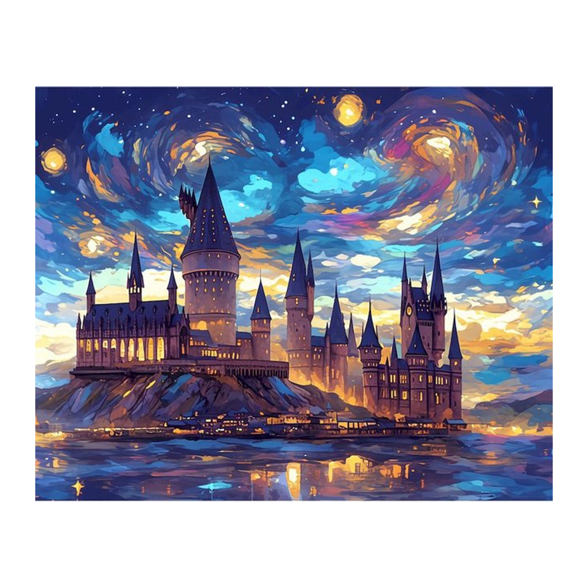 GATYZTORY Acrylgemälde nach Zahlen für Erwachsene mit Rahmen, Sternenhimmel und Schloss als moderne Wandkunst, Landschaft im Querformat, mehrfarbig und grau, B: 75 cm, H: 60 cm - Bild 1