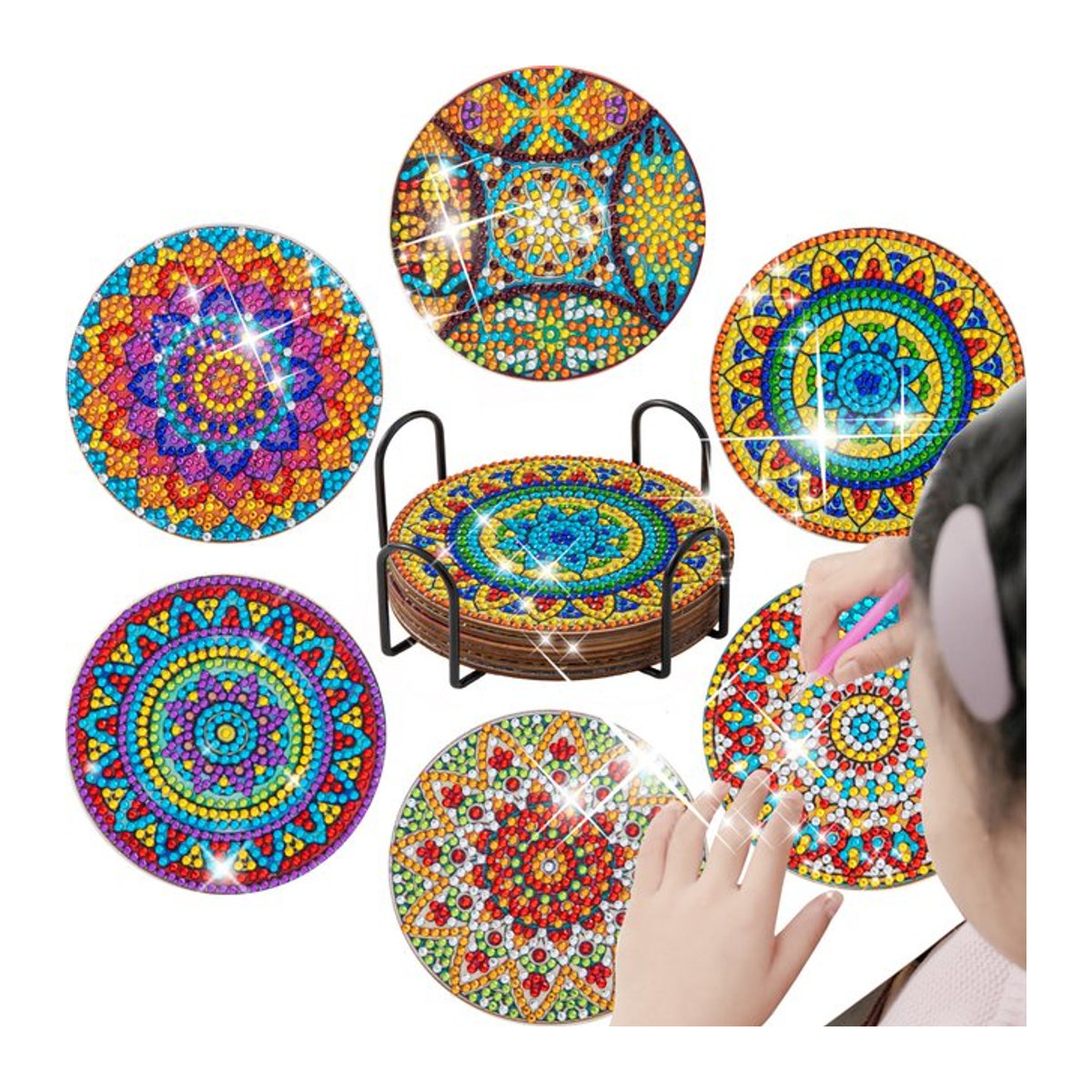 Gatyztory DIY Diamantenmalerei Set mit 6 runden Mandala Untersetzern in Mehrfarbig, geometrisches Mosaik-Kunstset mit Gestell - Bild 1
