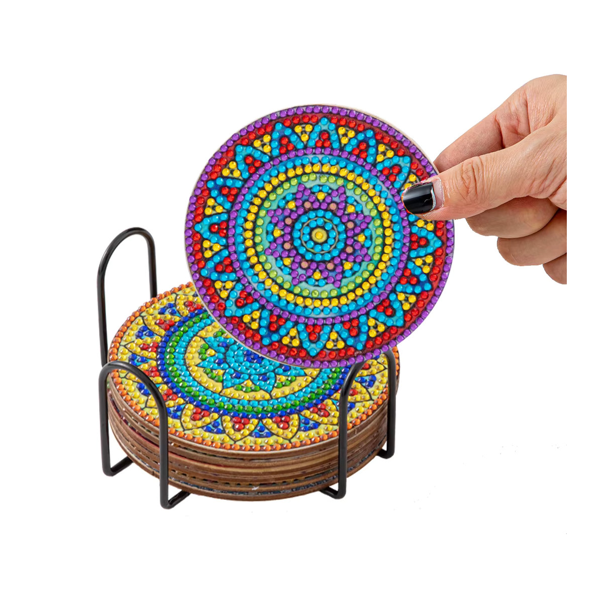 Gatyztory DIY Diamantenmalerei Set mit 6 runden Mandala Untersetzern in Mehrfarbig, geometrisches Mosaik-Kunstset mit Gestell - Bild 3