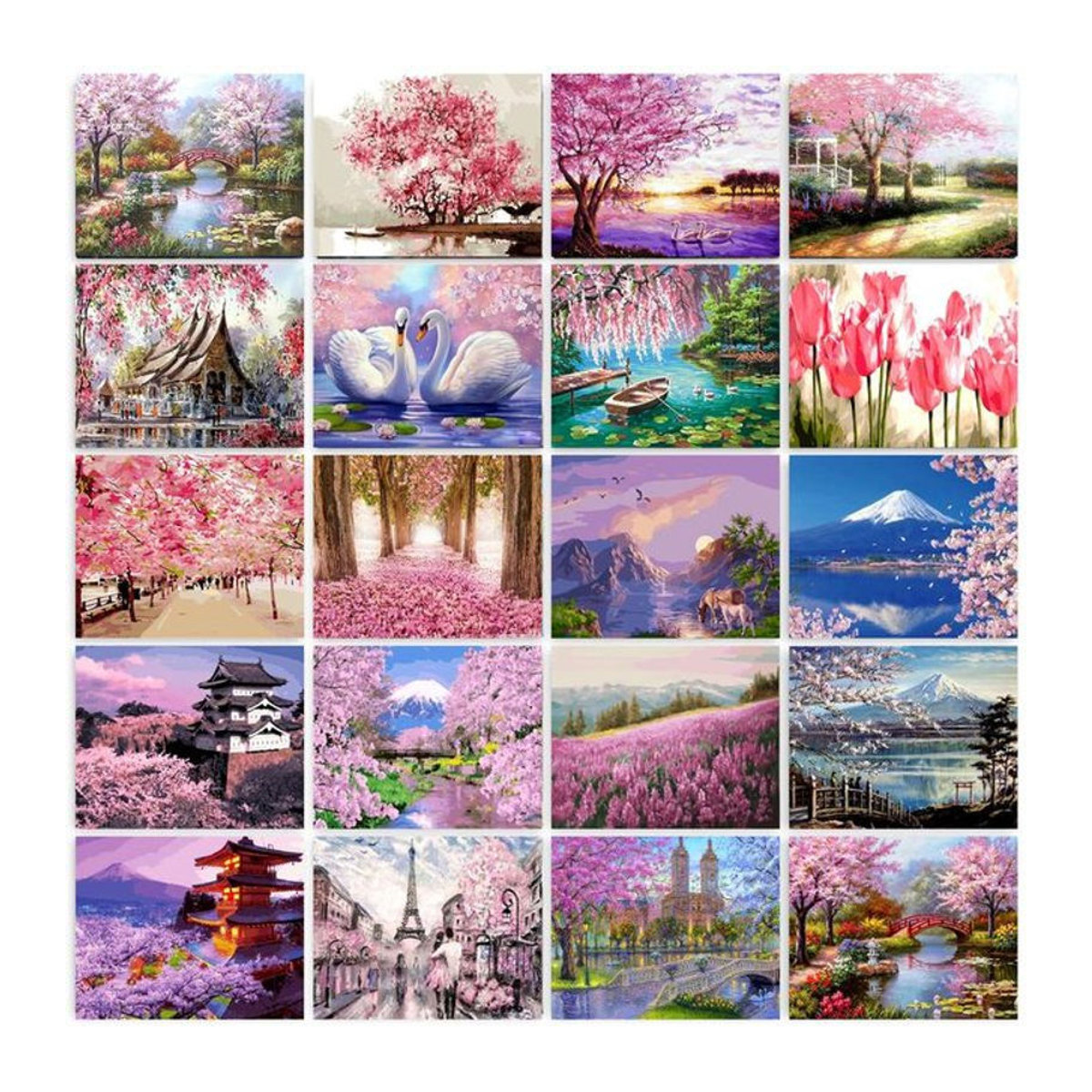 GATYZTORY Malen nach Zahlen Set Sakura Landschaft auf Leinwand, Mehrfarbig und Grün, Florale Frühlingsdekoration im Querformat - Bild 1