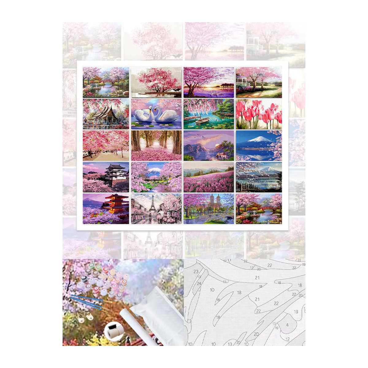 GATYZTORY Malen nach Zahlen Set Sakura Landschaft auf Leinwand, Mehrfarbig und Grün, Florale Frühlingsdekoration im Querformat - Bild 2