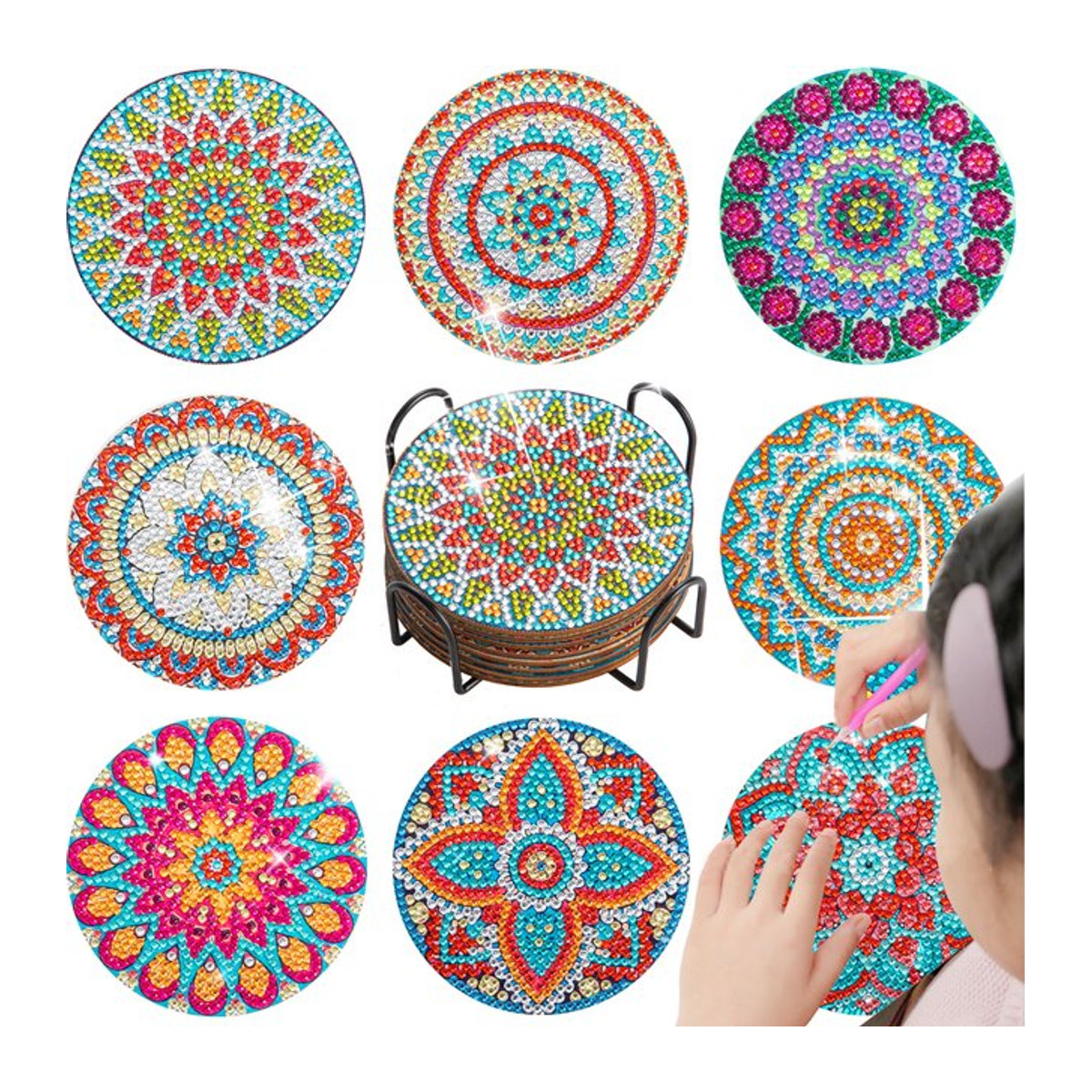GATYZTORY Mandala Diamant Malerei Untersetzer Set, 8er Set DIY 5D Vollbohrer Kunst Untersetzer aus Acryl, Mehrfarbig und Rot, Rund, Bohemian Design - Bild 1