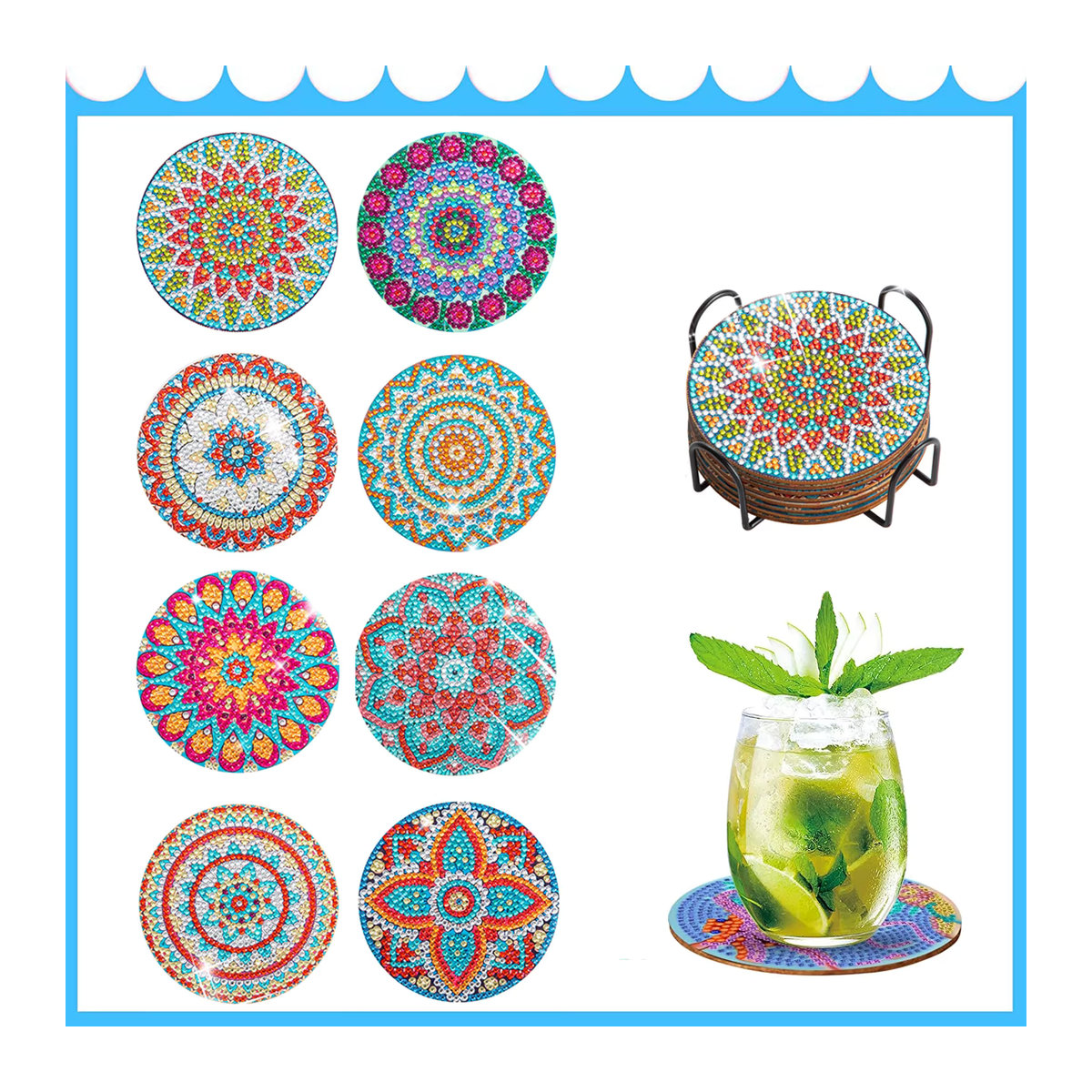 GATYZTORY Mandala Diamant Malerei Untersetzer Set, 8er Set DIY 5D Vollbohrer Kunst Untersetzer aus Acryl, Mehrfarbig und Rot, Rund, Bohemian Design - Bild 2