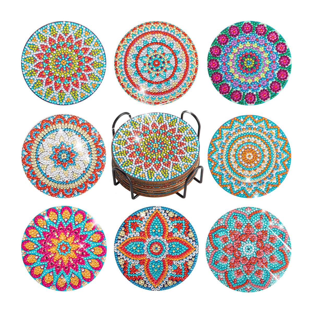GATYZTORY Mandala Diamant Malerei Untersetzer Set, 8er Set DIY 5D Vollbohrer Kunst Untersetzer aus Acryl, Mehrfarbig und Rot, Rund, Bohemian Design - Bild 3