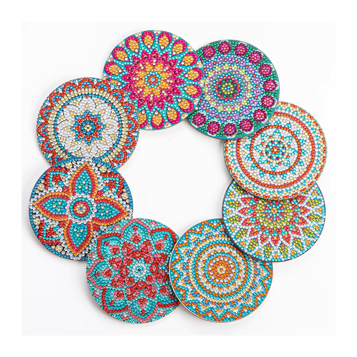 GATYZTORY Mandala Diamant Malerei Untersetzer Set, 8er Set DIY 5D Vollbohrer Kunst Untersetzer aus Acryl, Mehrfarbig und Rot, Rund, Bohemian Design - Bild 4