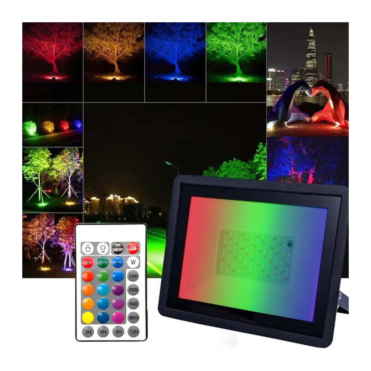 GBKOF RGB LED Außenstrahler Schwarz IP66 Wasserdicht mit Fernbedienung und Dimmfunktion 100W - Bild 1