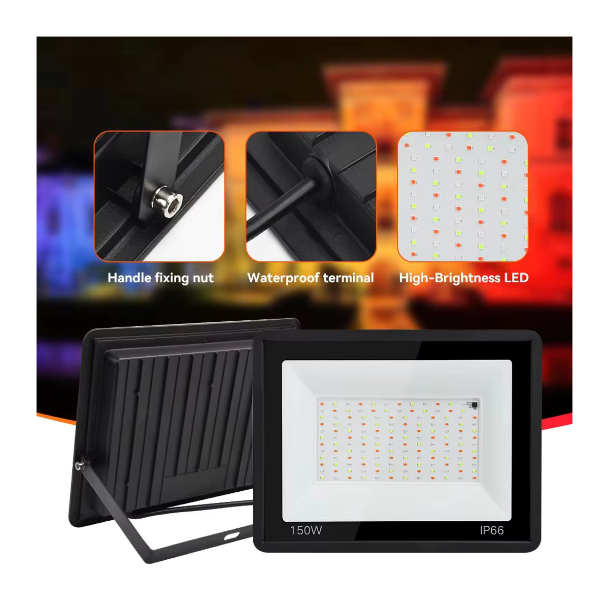 GBKOF RGB LED Außenstrahler Schwarz IP66 Wasserdicht mit Fernbedienung und Dimmfunktion 100W - Bild 4