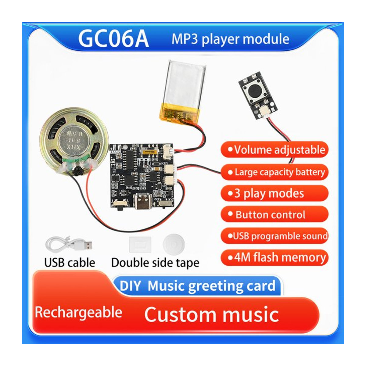 GC06/GC06A Musikmodul für Grußkarten mit MP3-Download und Sprachaufnahme in Schwarz - Bild 1