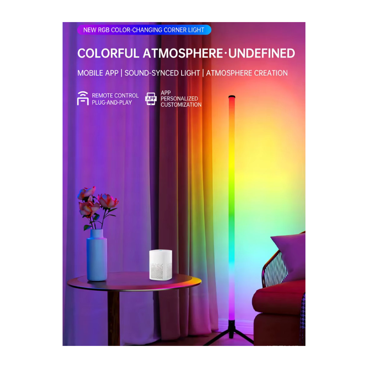GCTECHING LED RGB Stehlampe in Bunt, schallaktivierte moderne Eck-Wandleuchte für Schlafzimmer und E-Sports-Räume, Höhe: 120 cm - Bild 1
