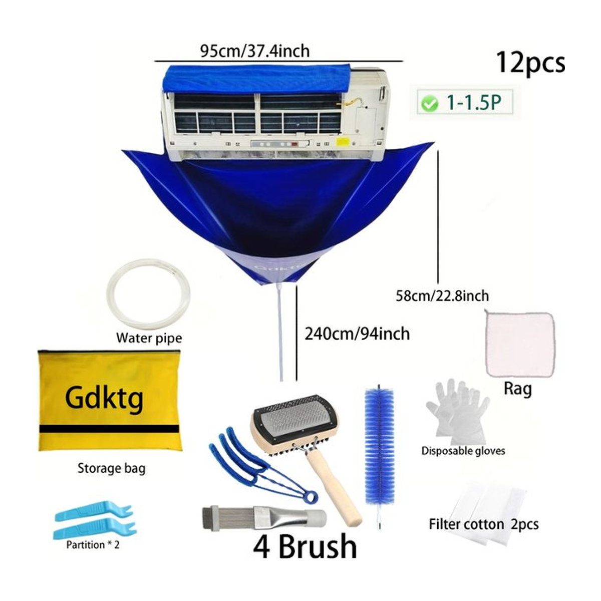 Gdktg Sommer-Reinigungsabdeckung für Klimaanlagen in Blau, wiederverwendbares Sprinkler-Reiniger-Set mit Wasserbeutel und Bürste - Bild 1