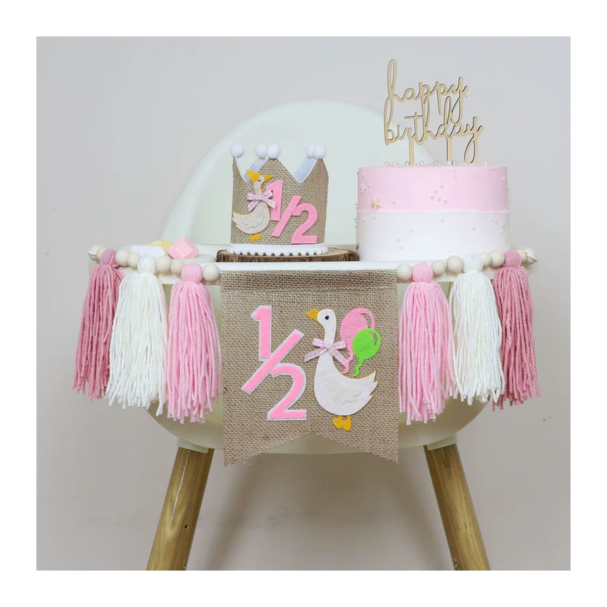 Geburtstag Girlande mit Gans Motiv für den 1/2 Geburtstag als Party Dekoration in Blau und Rosa - Bild 1