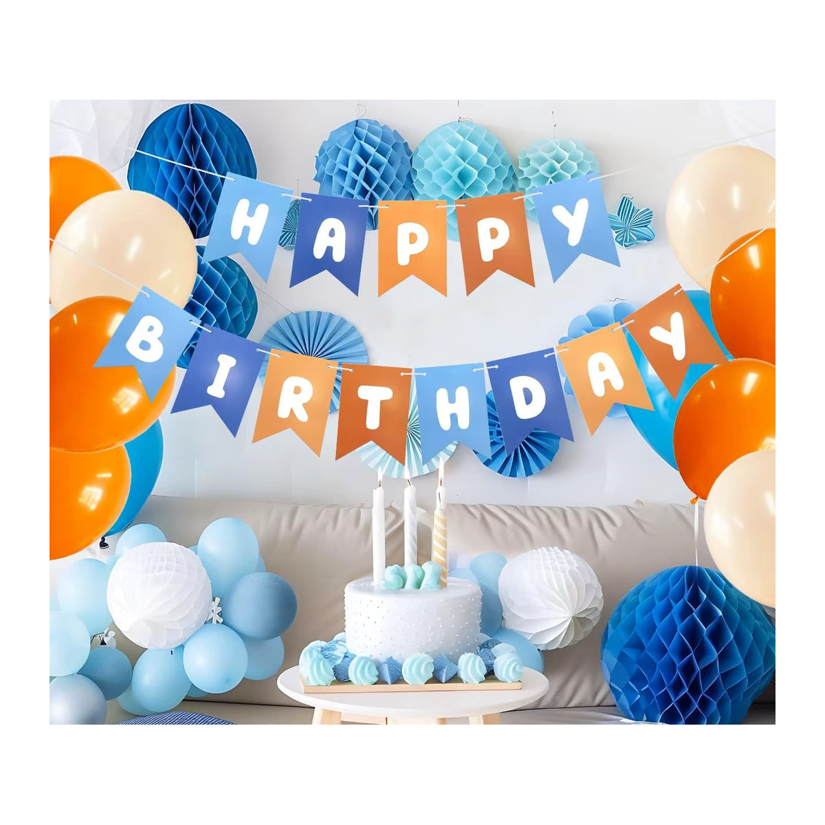 Geburtstags-Wimpelbanner für Kinder in Blau und Orange mit Alles Gute zum Geburtstag Aufdruck aus Papier - Bild 4