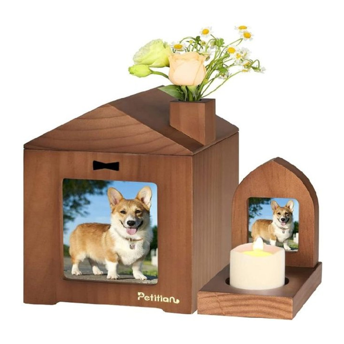 Gedenkset für verstorbene Hunde aus Holz in Braun mit Fotorahmen und Kerzenhalter im rustikalen Design - Bild 1