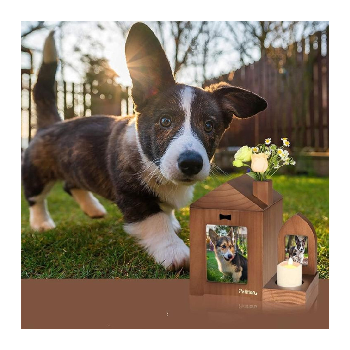 Gedenkset für verstorbene Hunde aus Holz in Braun mit Fotorahmen und Kerzenhalter im rustikalen Design - Bild 3