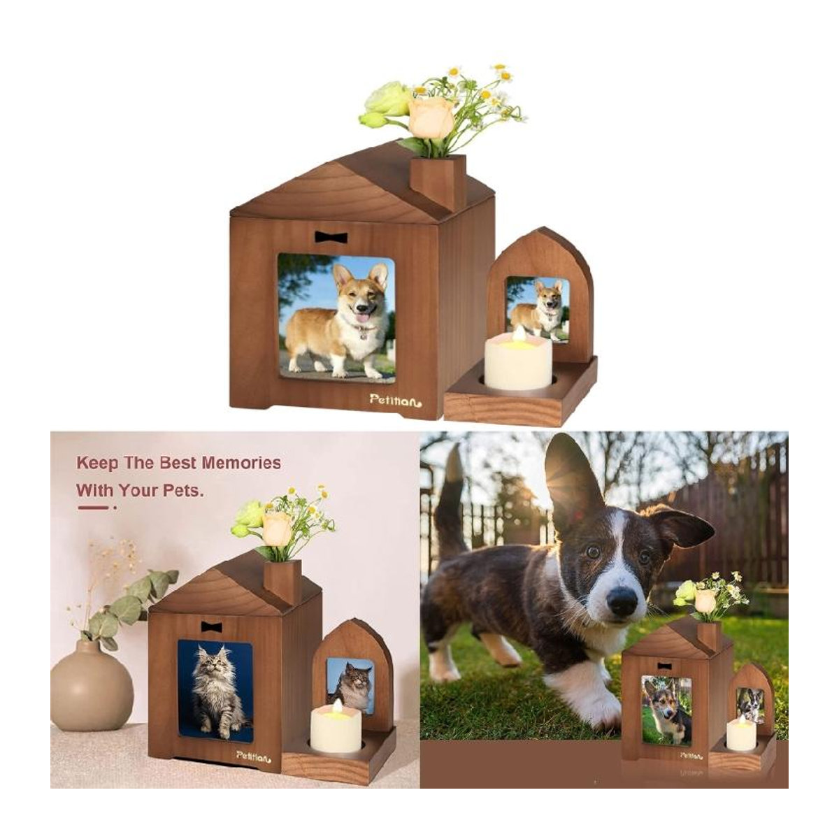 Gedenkset für verstorbene Hunde aus Holz in Braun mit Fotorahmen und Kerzenhalter im rustikalen Design - Bild 4