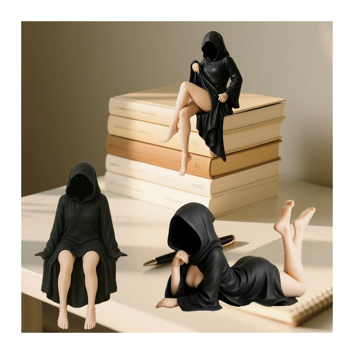 Geheimnisvolle Dame Skulptur von Fashnics in Schwarz aus Kunstharz als gotisches Schreibtischornament für Wohnzimmer und Büro - Bild 4