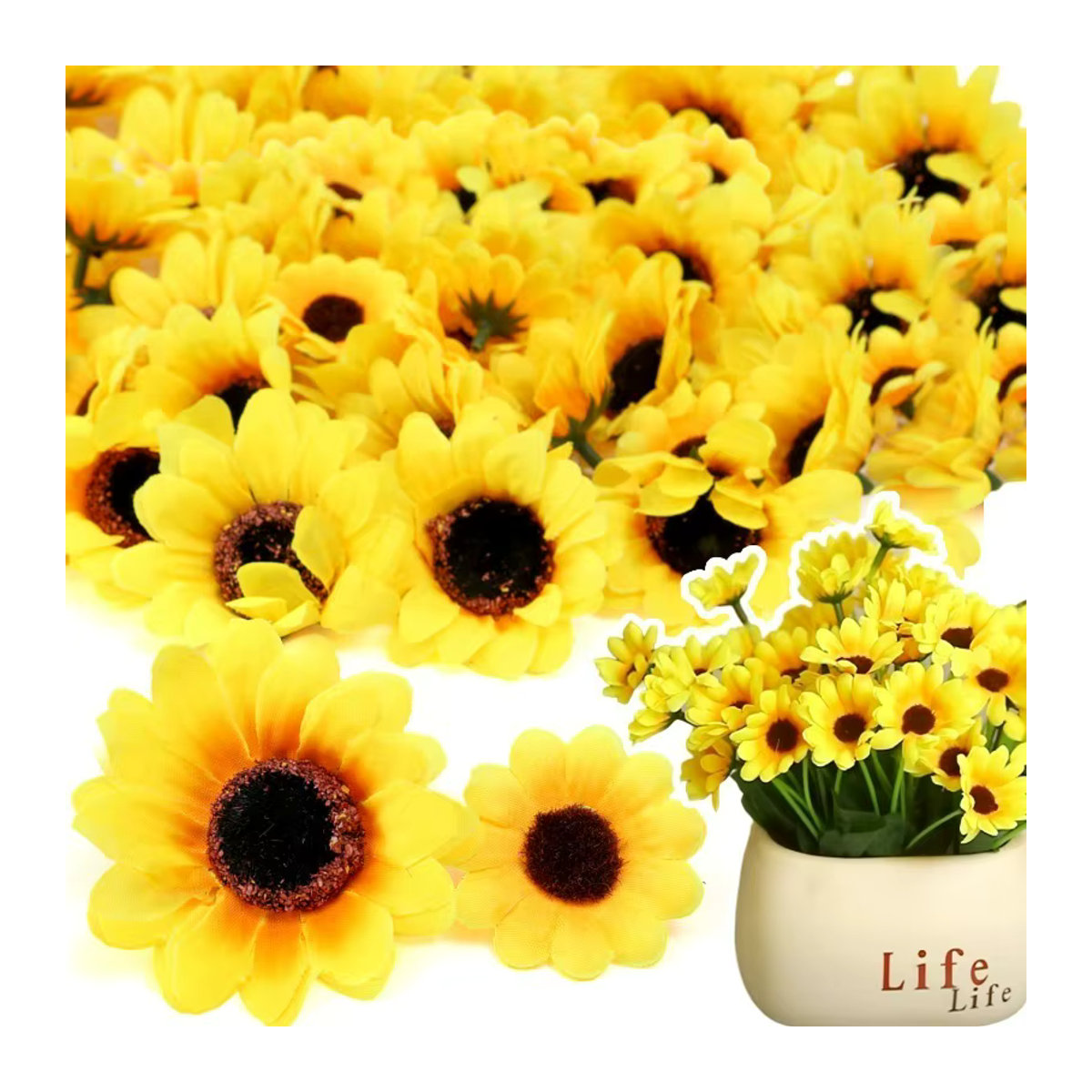 Gelbe künstliche Sonnenblumen als Blumenköpfe für Bastelarbeiten, Kränze und Hochzeitsdekoration - Bild 2