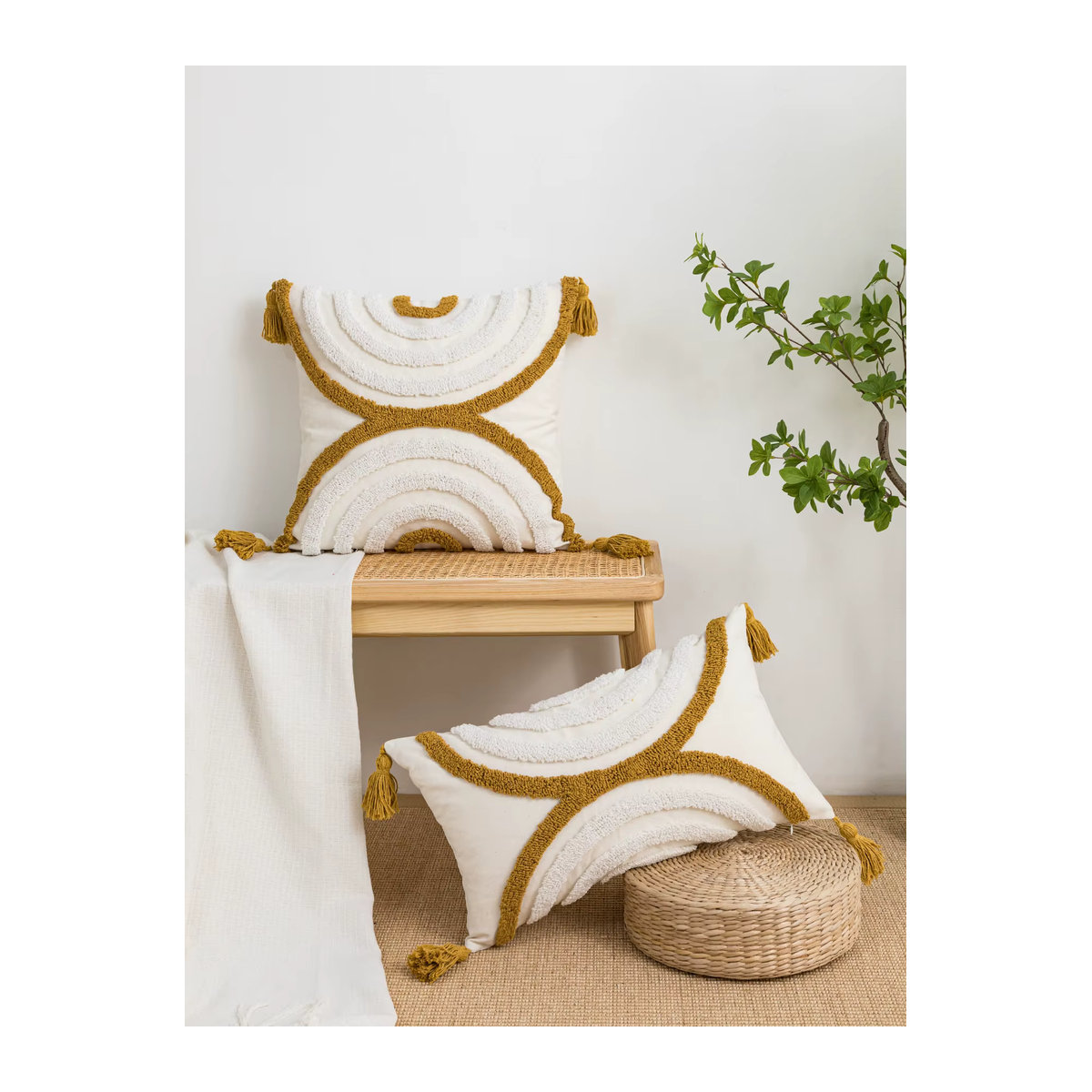 Gelber Kissenbezug aus Baumwolle mit geometrischem Bogenmuster im Boho-Stil für Sofa und Bett - Bild 2