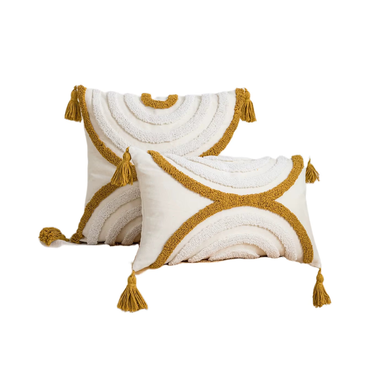 Gelber Kissenbezug aus Baumwolle mit geometrischem Bogenmuster im Boho-Stil für Sofa und Bett - Bild 3