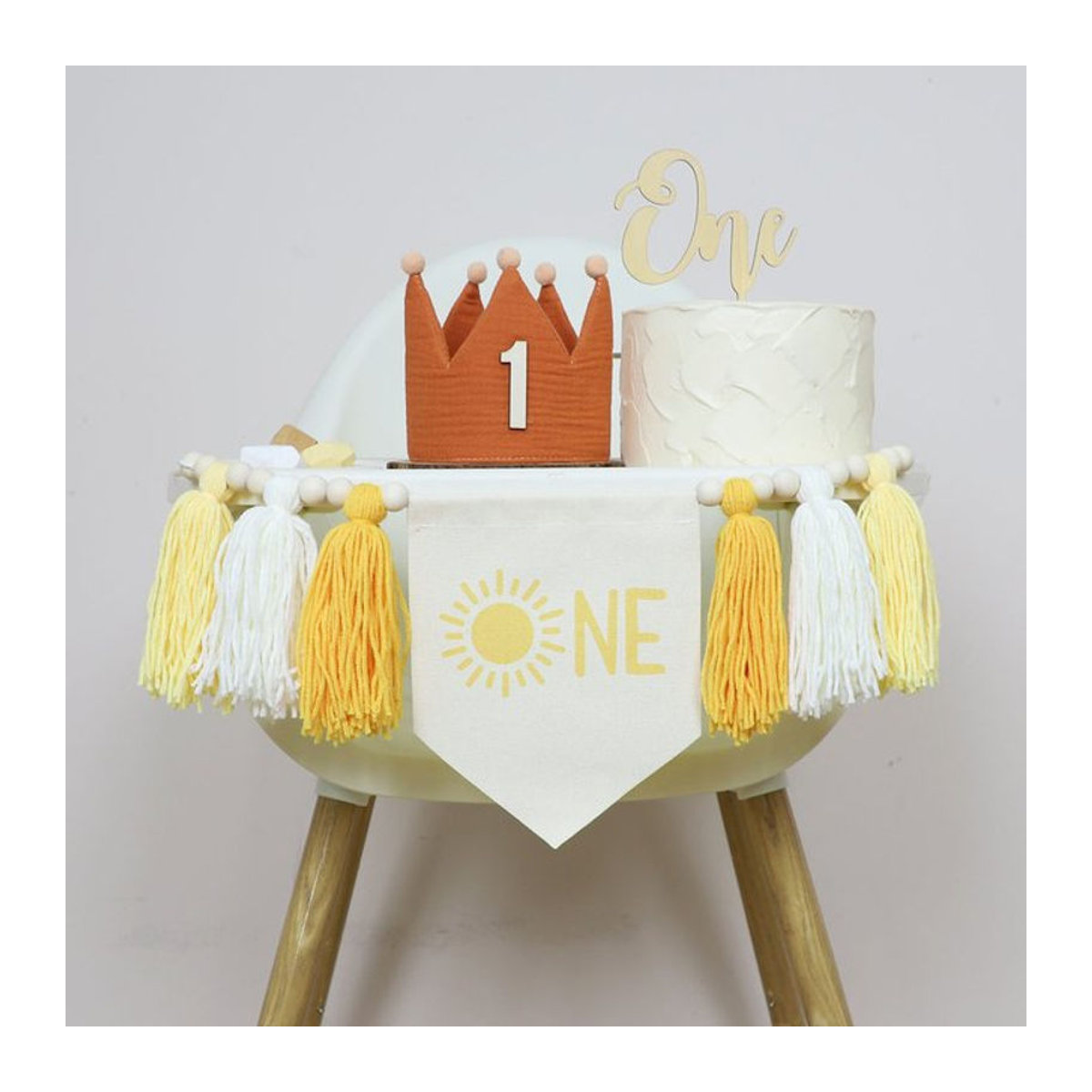 Gelbes Sonnenschild Geburtstag-Hochstuhl-Banner aus Textil mit Buchstaben und Schnur zur Dekoration für Kinder - Bild 1