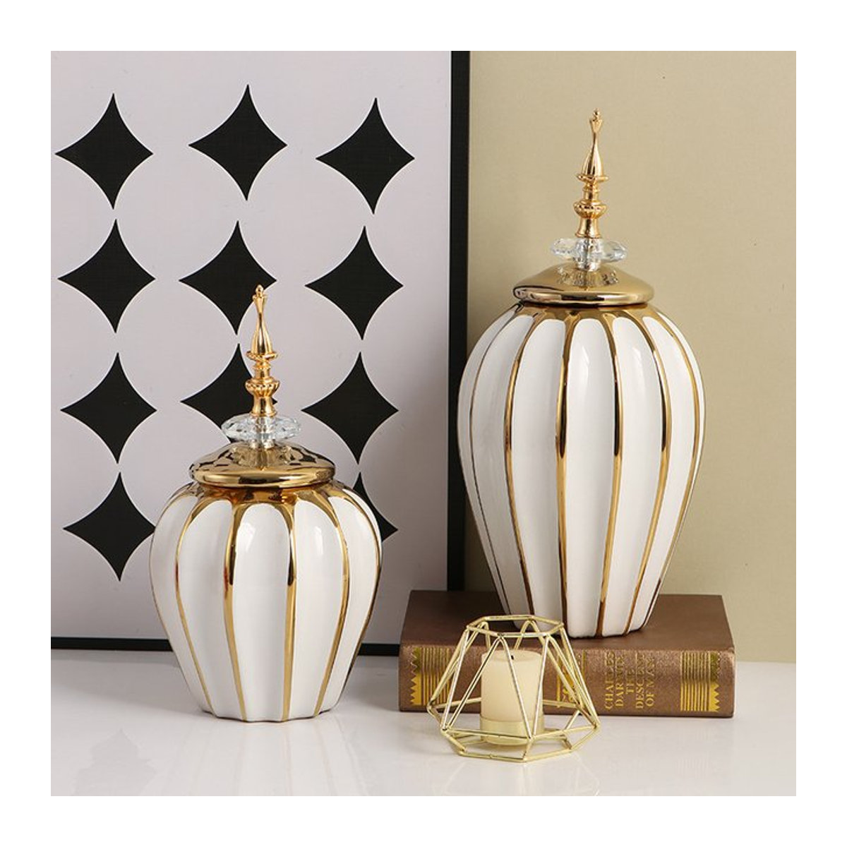 General's Keramikvase in Weiß mit Streifen-Design, Orientalische Dekoration und Vorratsglas aus Glas und Keramik, Rund - Bild 1