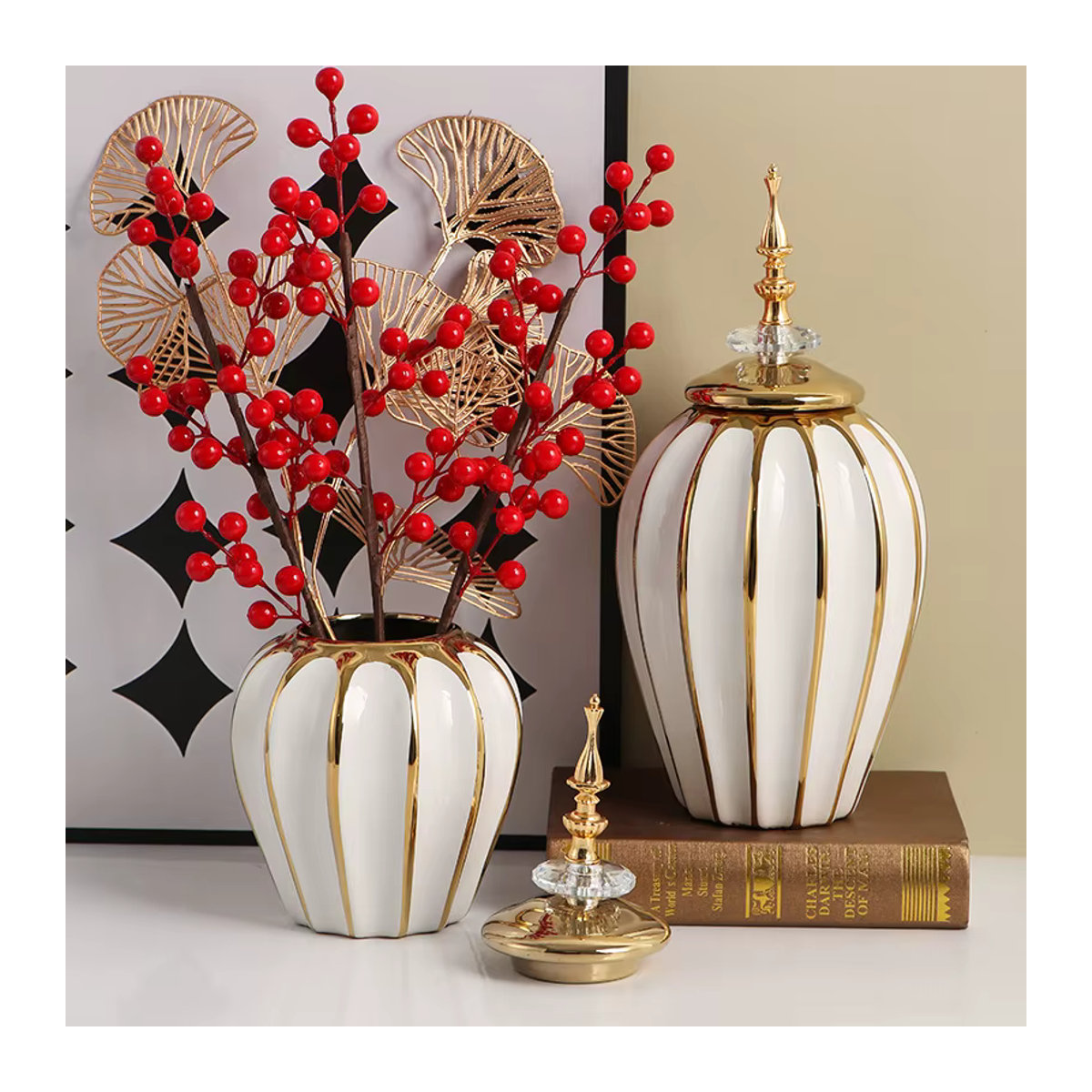 General's Keramikvase in Weiß mit Streifen-Design, Orientalische Dekoration und Vorratsglas aus Glas und Keramik, Rund - Bild 2