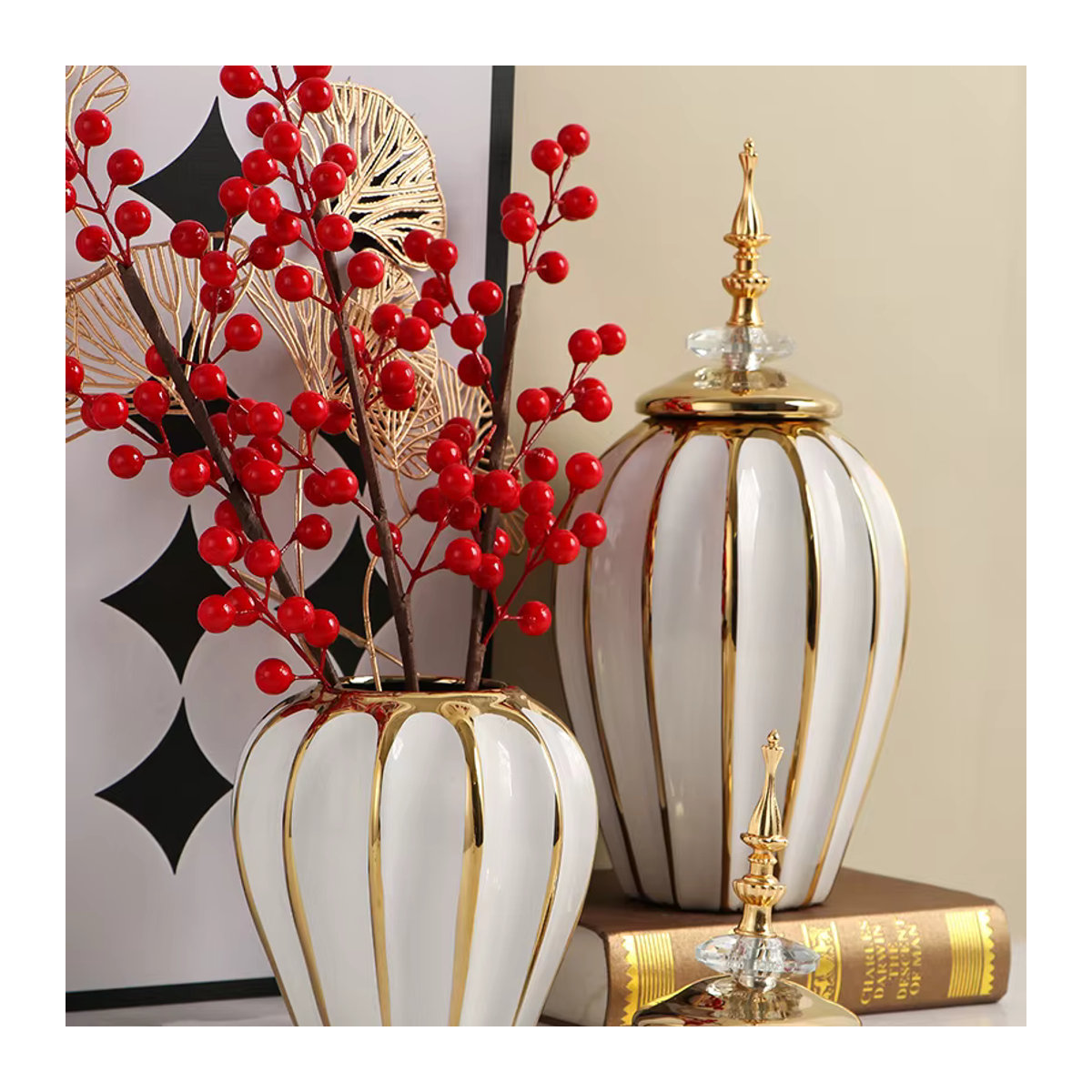 General's Keramikvase in Weiß mit Streifen-Design, Orientalische Dekoration und Vorratsglas aus Glas und Keramik, Rund - Bild 3