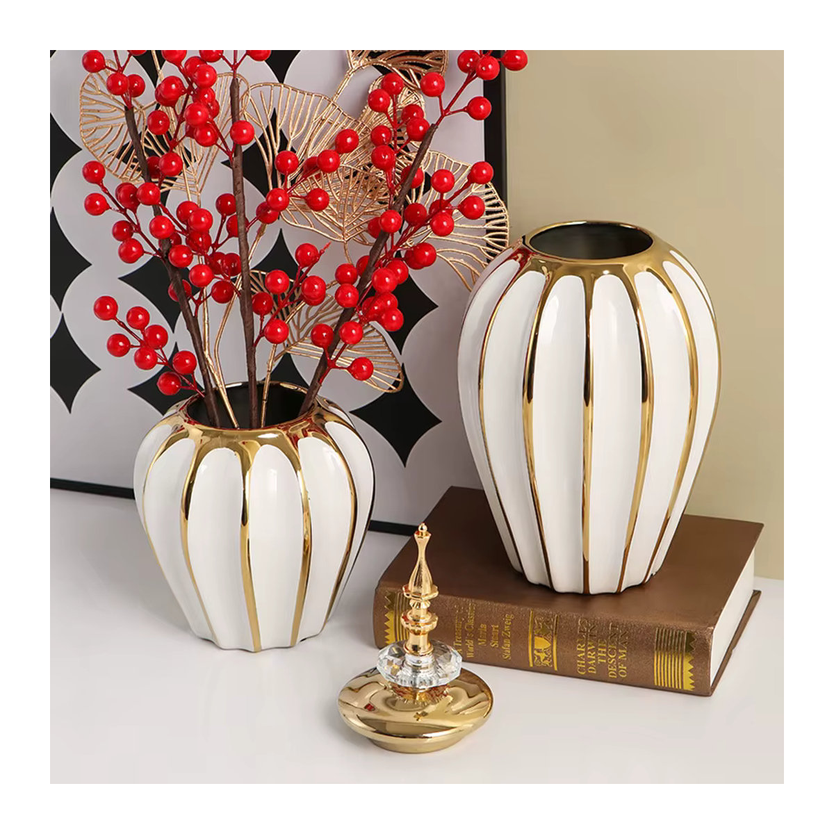 General's Keramikvase in Weiß mit Streifen-Design, Orientalische Dekoration und Vorratsglas aus Glas und Keramik, Rund - Bild 4
