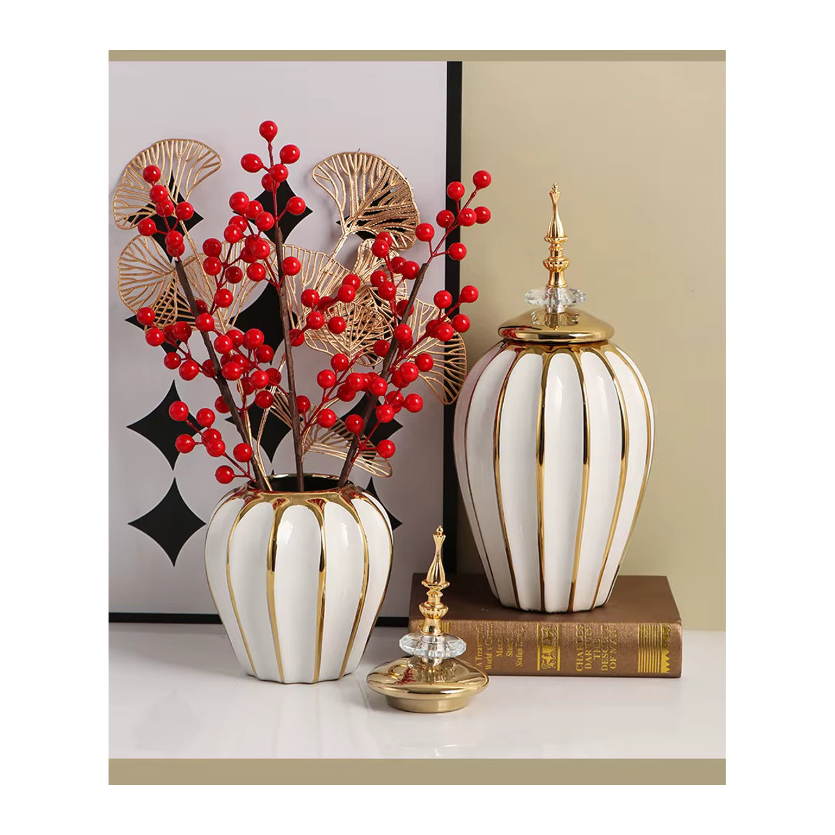 General's Keramikvase in Weiß mit Streifen-Design, Orientalische Dekoration und Vorratsglas aus Glas und Keramik, Rund - Bild 5