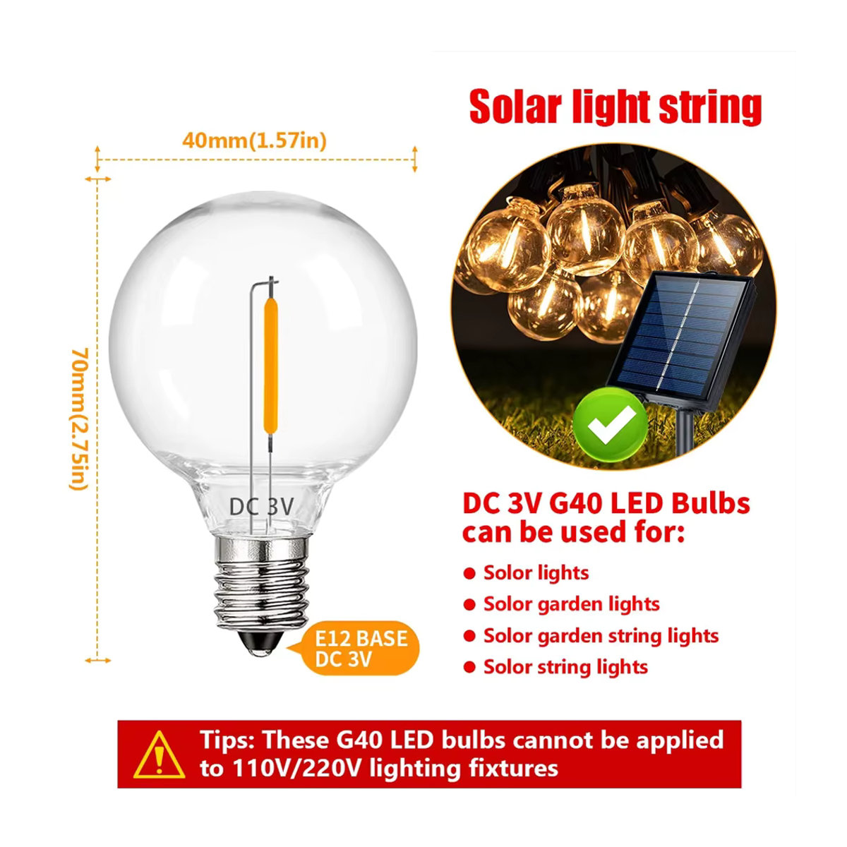 Genixgreen G40 LED-Glühbirne E12 Sockel warmweiß 2700K aus bruchsicherem Kunststoff für Solar-Lichterketten - Bild 2