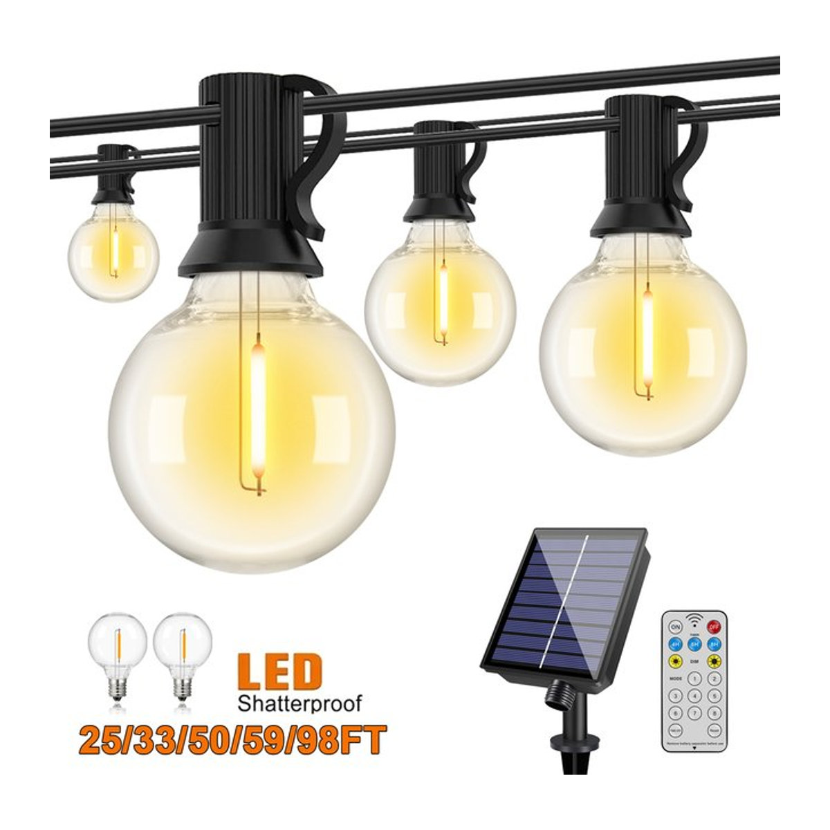 Genixgreen Solar Lichterkette LED Outdoor Schwarz Retro Bruchsicher mit G40 Solarleuchten für Pergola und Terrasse - Bild 1