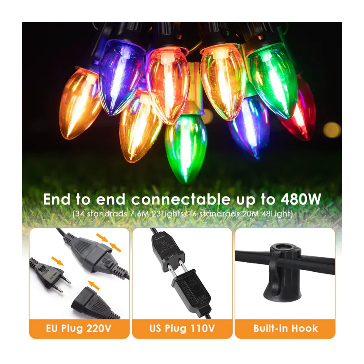 Genixgreen Weihnachts-Lichterkette für den Außenbereich, C7, farbig, bruchsicher und anschließbar, Klassisch - Bild 3
