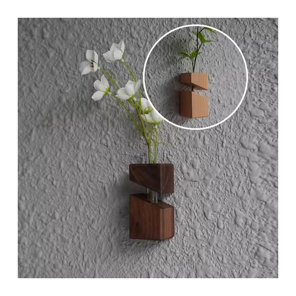 Geometrische Glasvase mit Holzdekor in Braun für Schnittblumen im skandinavischen Design - Bild 3