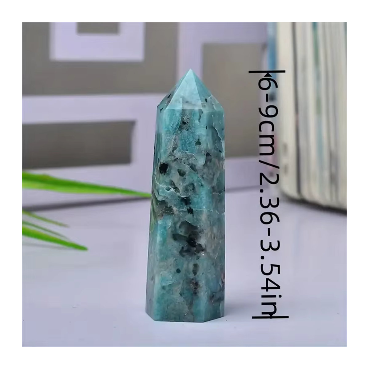 Geometrischer Amazonit-Kristallturm von sisterstone in Blau mit sechseckigem Quarzpunkt als Mineralprobe zur Dekoration - Bild 3