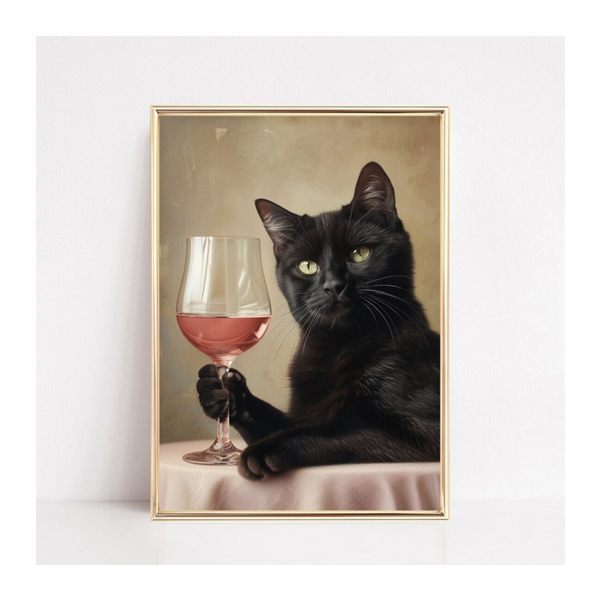 Gerahmtes Boho Wandkunst Poster mit schwarzer Katze und rosa Weinglas Motiv von SHENCHEN in Hochformat - Bild 1