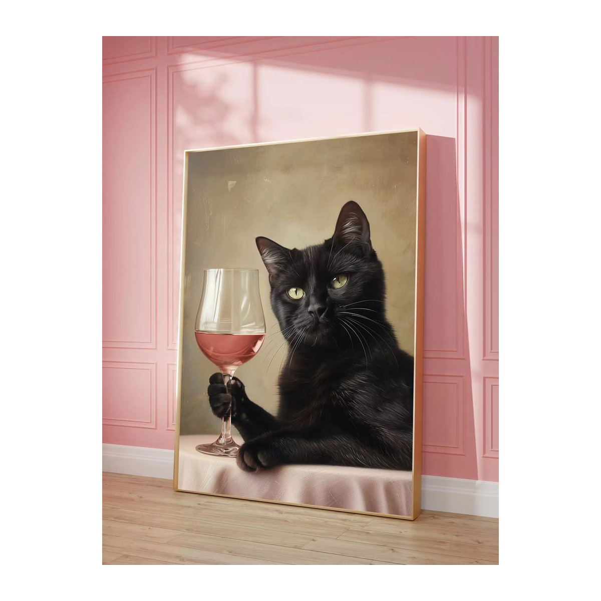 Gerahmtes Boho Wandkunst Poster mit schwarzer Katze und rosa Weinglas Motiv von SHENCHEN in Hochformat - Bild 2