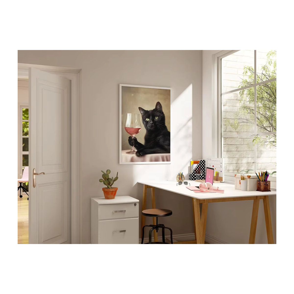 Gerahmtes Boho Wandkunst Poster mit schwarzer Katze und rosa Weinglas Motiv von SHENCHEN in Hochformat - Bild 3
