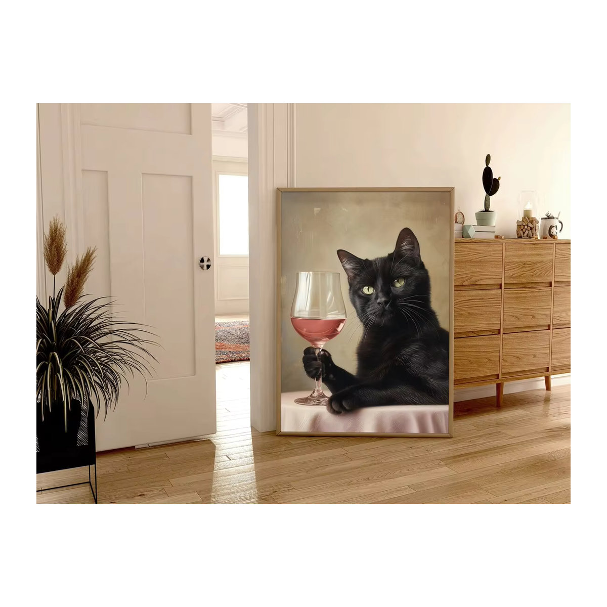 Gerahmtes Boho Wandkunst Poster mit schwarzer Katze und rosa Weinglas Motiv von SHENCHEN in Hochformat - Bild 4